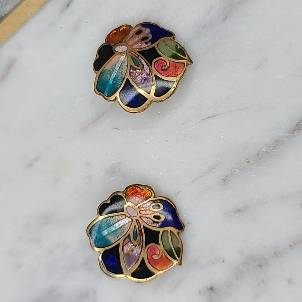 David Kuo VTG Handmade Champlevé Butterfly Cloisonné Enamel Clip Earrings Floral